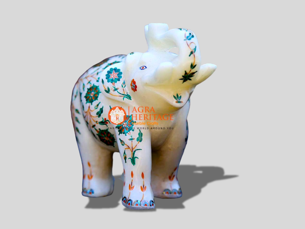 Malachite Inlay Floral Marble Elephant Sculpture For Gift